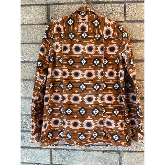 Woman's Deluth Button-Up Shirt With Southwest Aztec Print Brown/White/Blue Long- - Picture 13 of 14